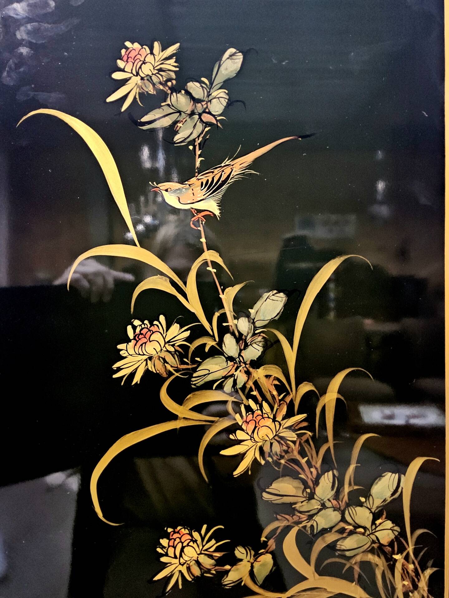 Vintage Chinese cabinet with gold leaf, flowers and peacock/ bohemian