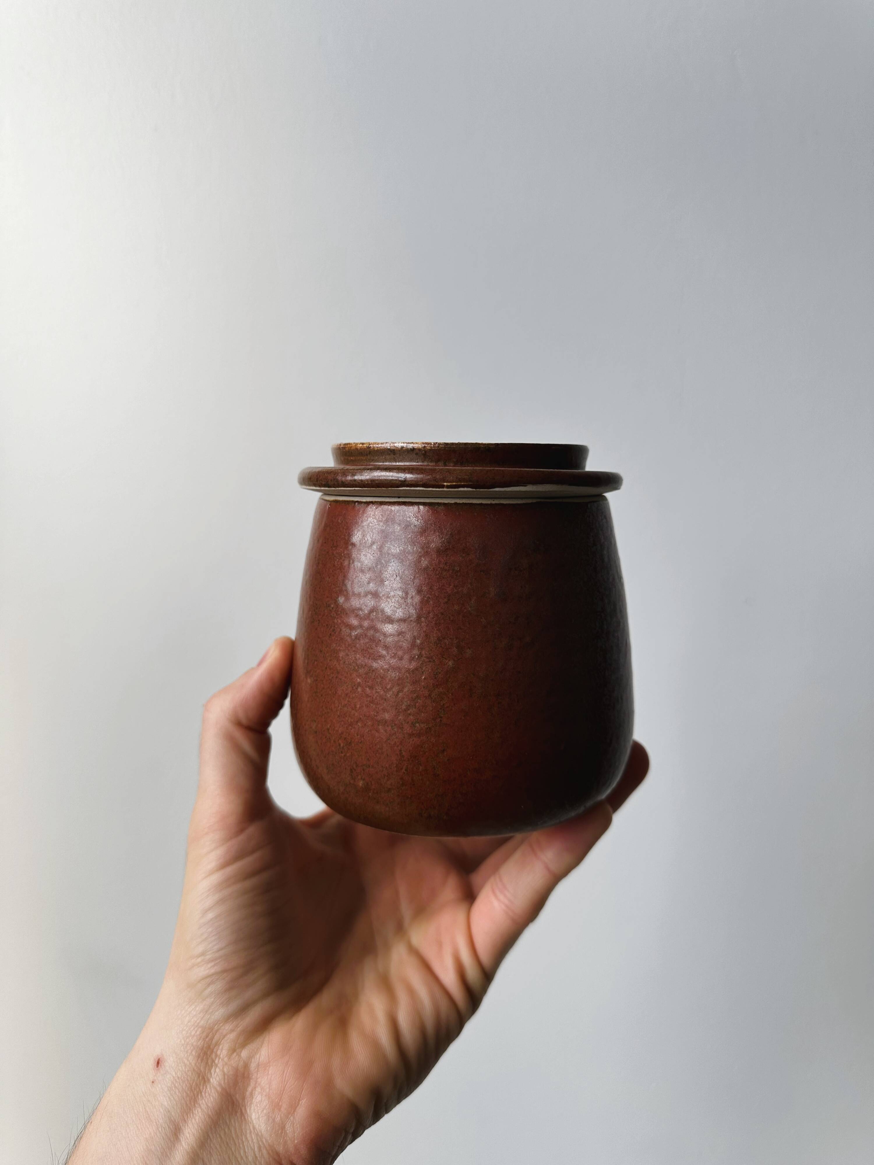 Red stoneware butter dish, old