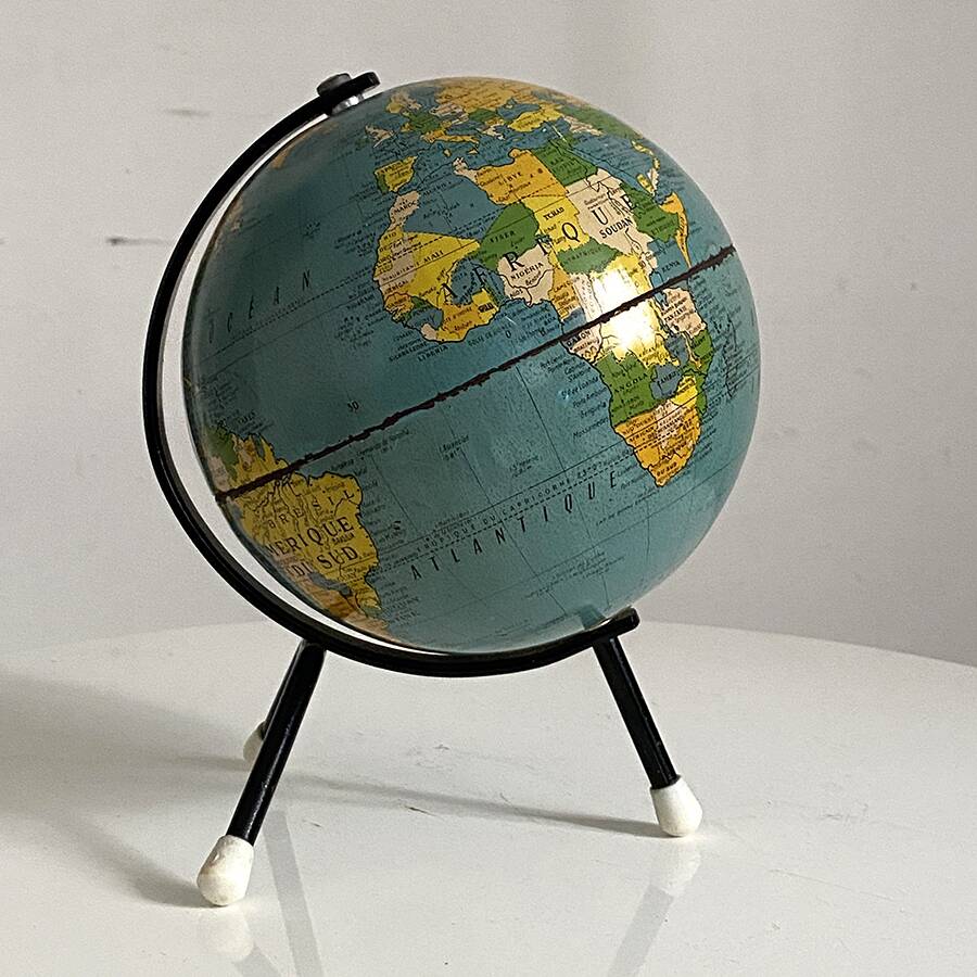 Tripod metal terrestrial globe 1950s
