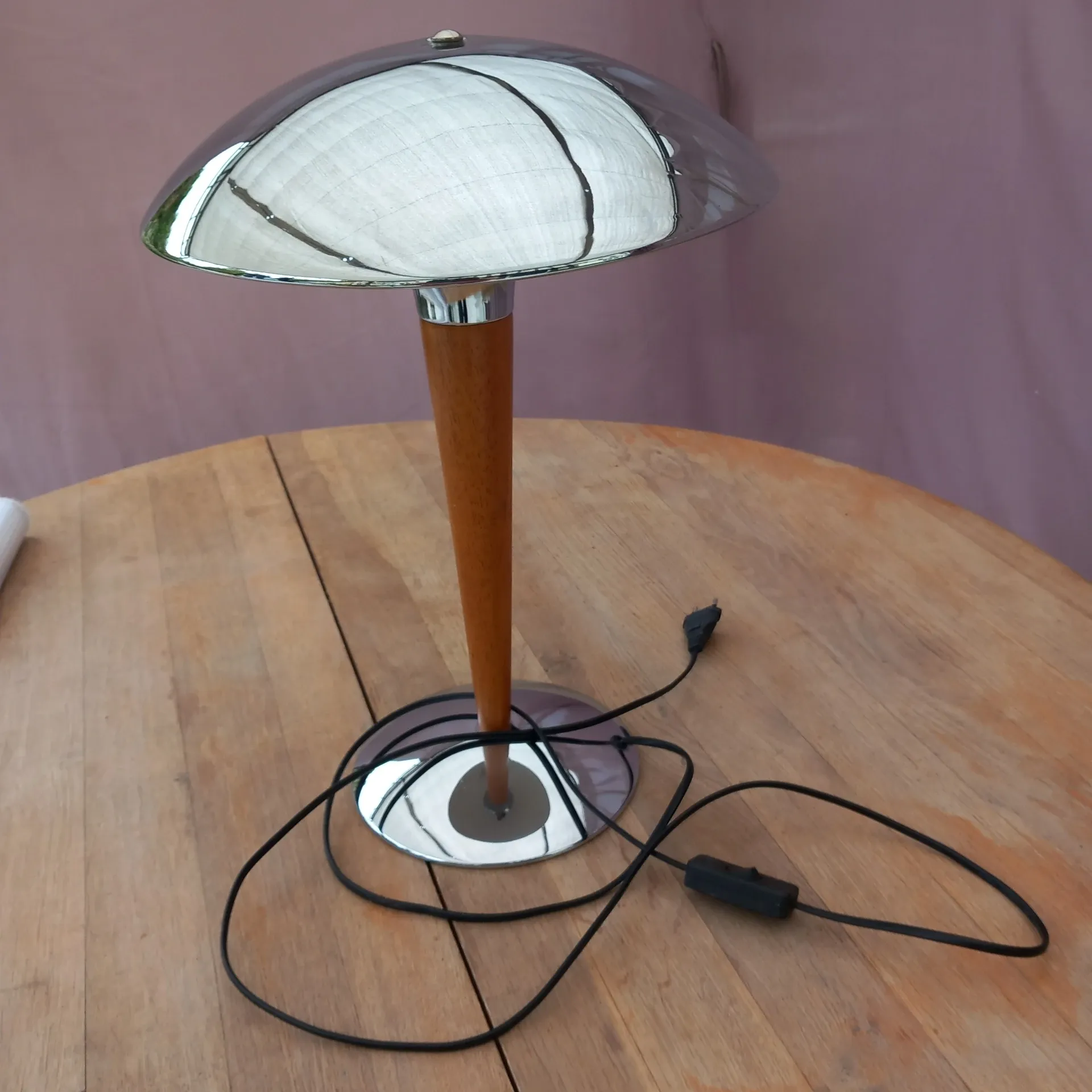 Mid-Century "Mushroom" Table Lamp, Chrome Metal & Teak – Style P