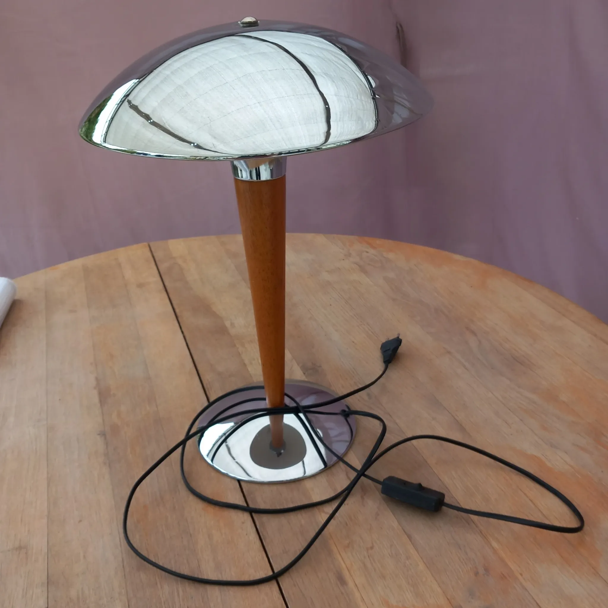 Lampe de table "Champignon" Mid-Century, Métal Chromé & Teck – Style P