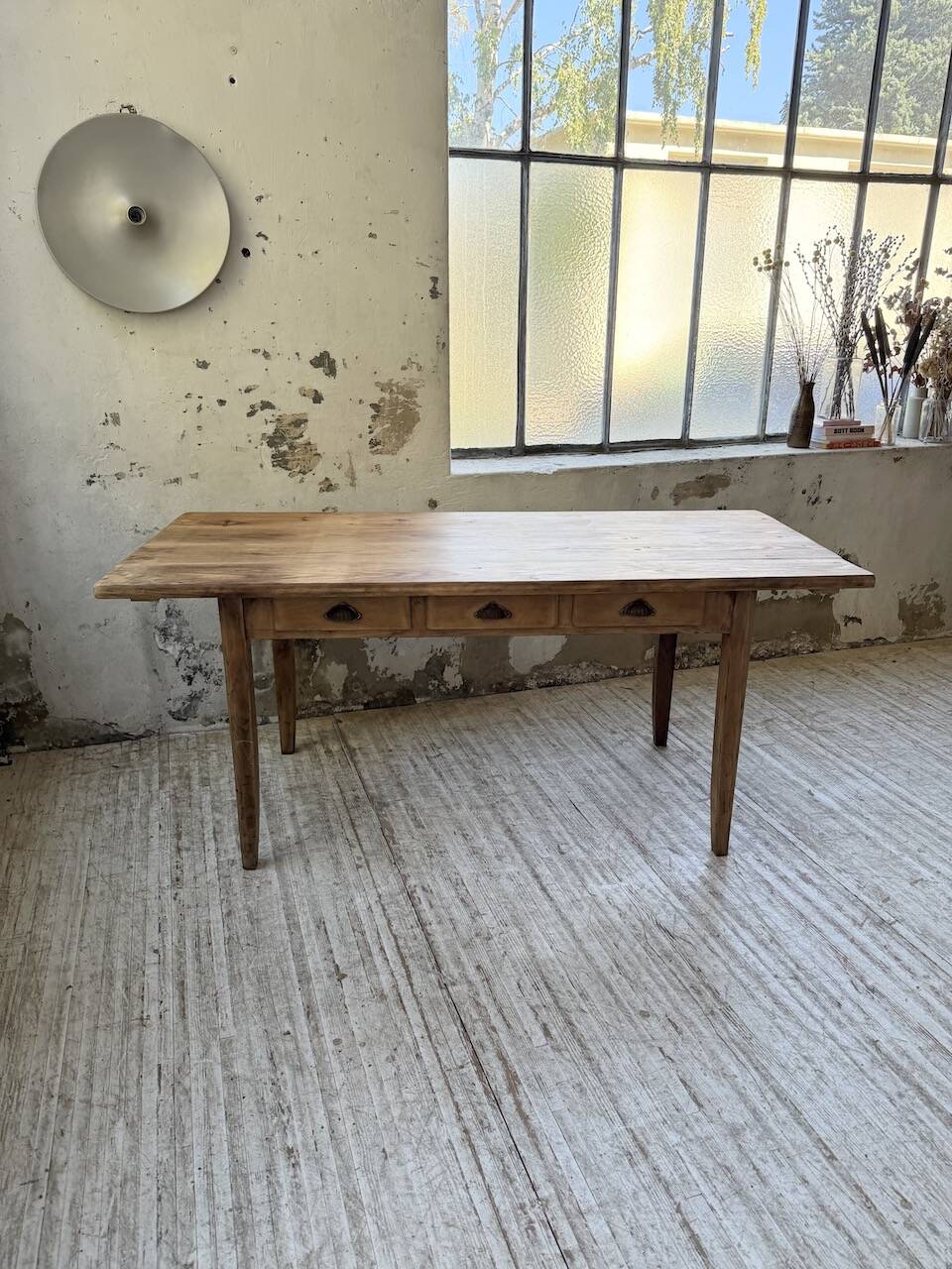 1950s pine and oak farmhouse table with multiple drawers