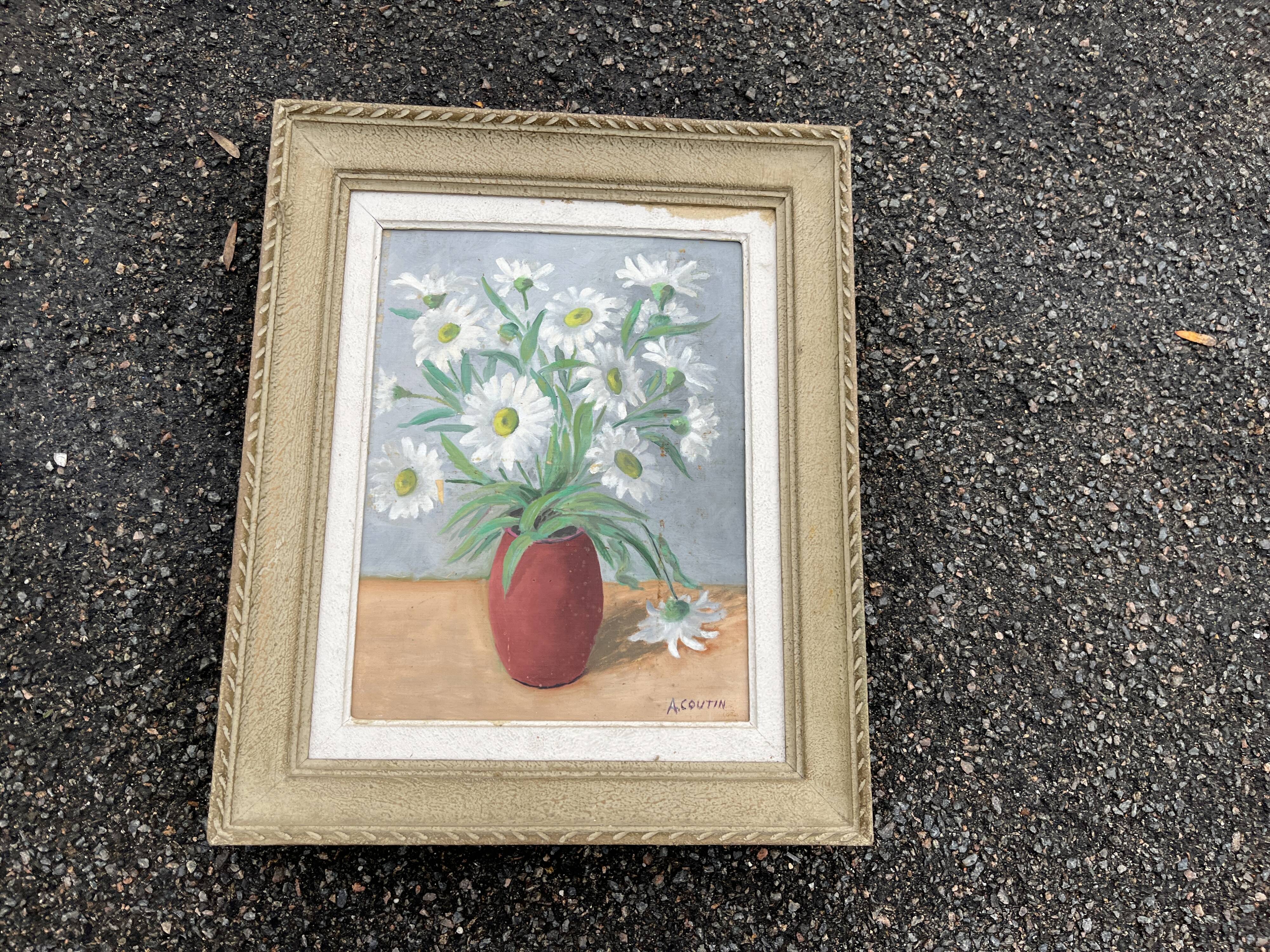 Antique painting signed A. Coutin – Still life with a vase of daisies, painted
