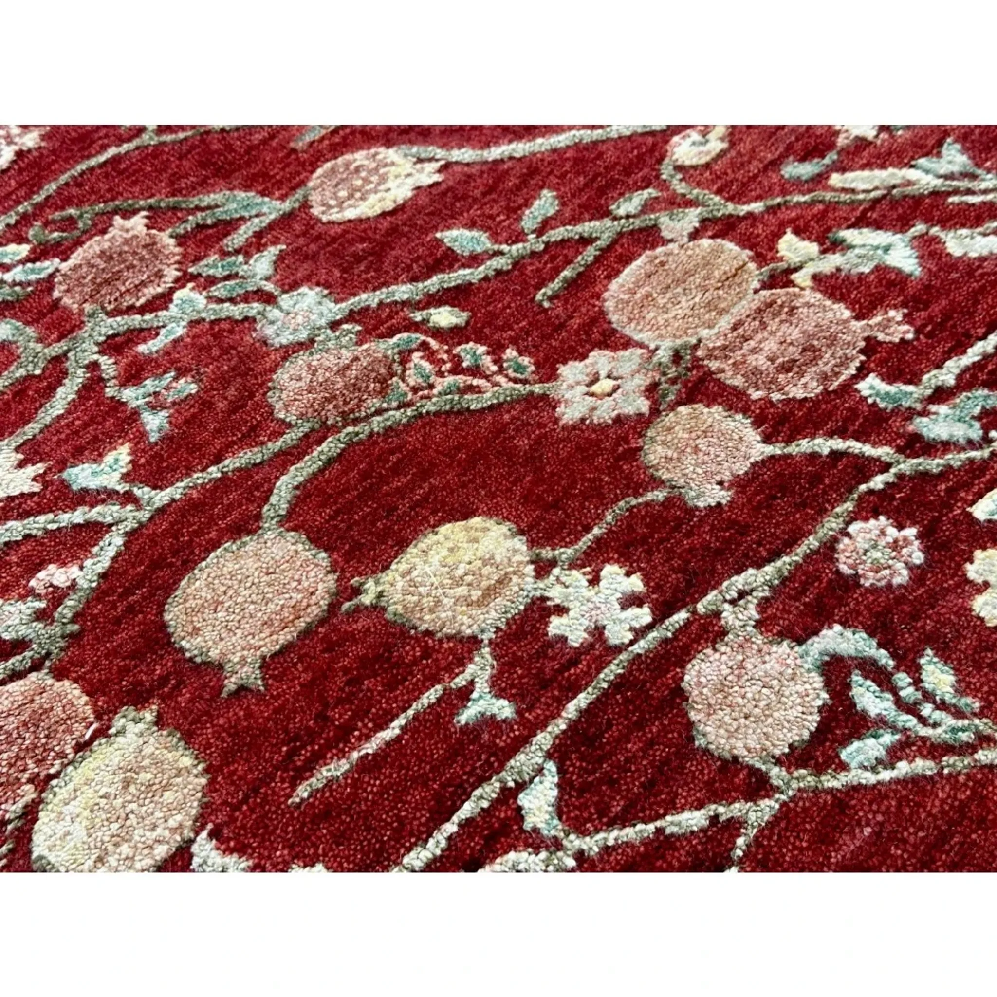Hand-Knotted Red Area Rug with Botanical Tree Design for Living Room