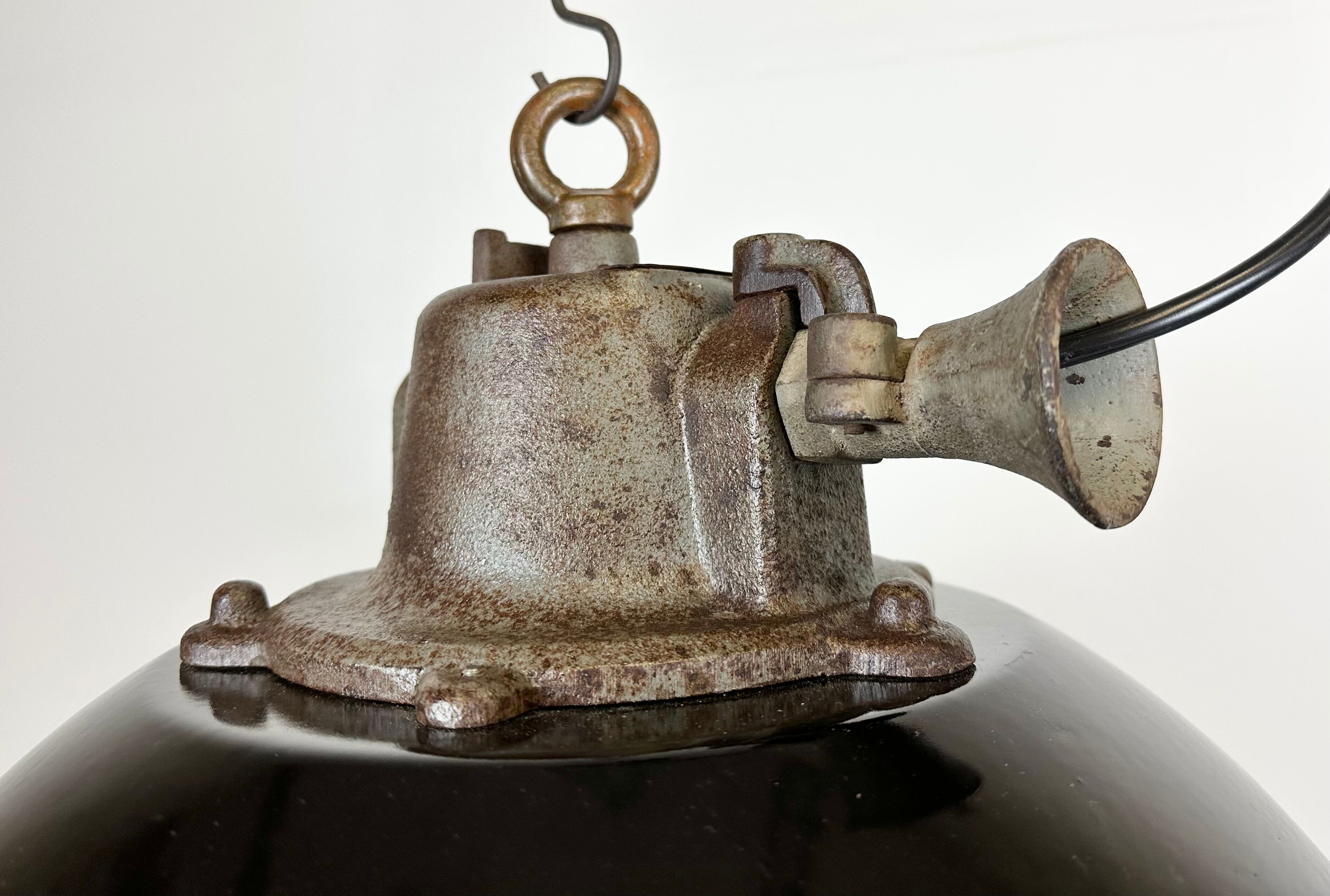 Black enamel and cast iron industrial cage pendant light, 1950s