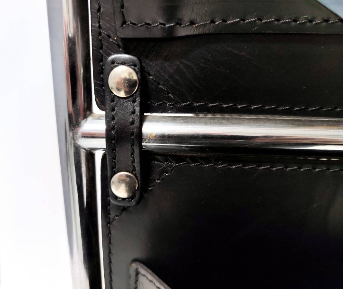 Black Leather and Chrome-Plated Metal Magazine Rack by Salmistraro, Italy