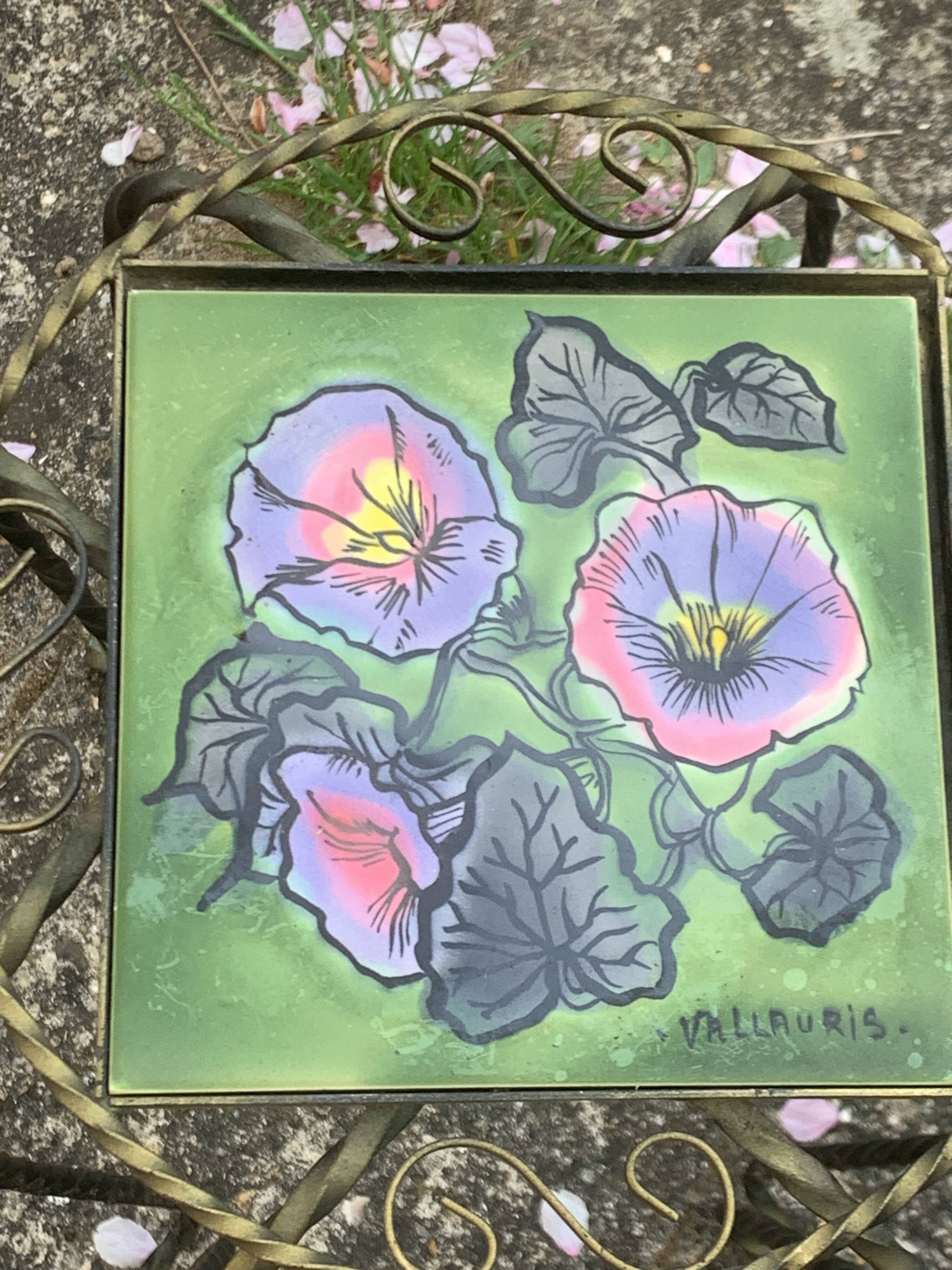 Plant stand, table, in wrought iron and vintage Vallauris ceramic
