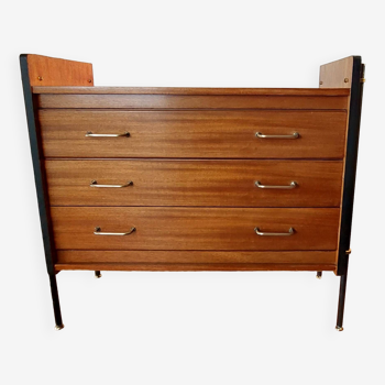 3-drawer chest of drawers in mahogany, black metal and gilded brass 1950 Vintage.