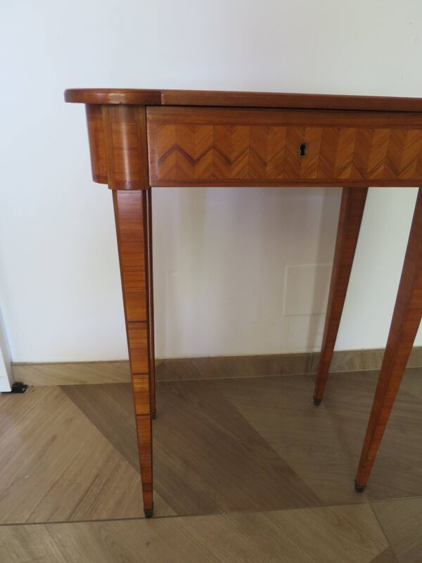 Console Louis XVI-Table d'appoint-Marqueterie-pieds sabots-années 80-Tiroir