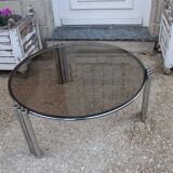 Round coffee table chrome and smoked glass 1970