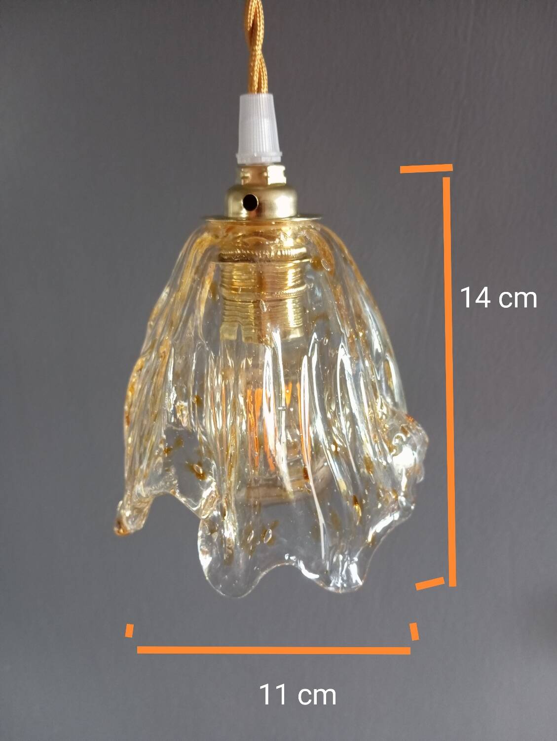 Pair of draped blown glass hanging lamps, ocher twisted wire