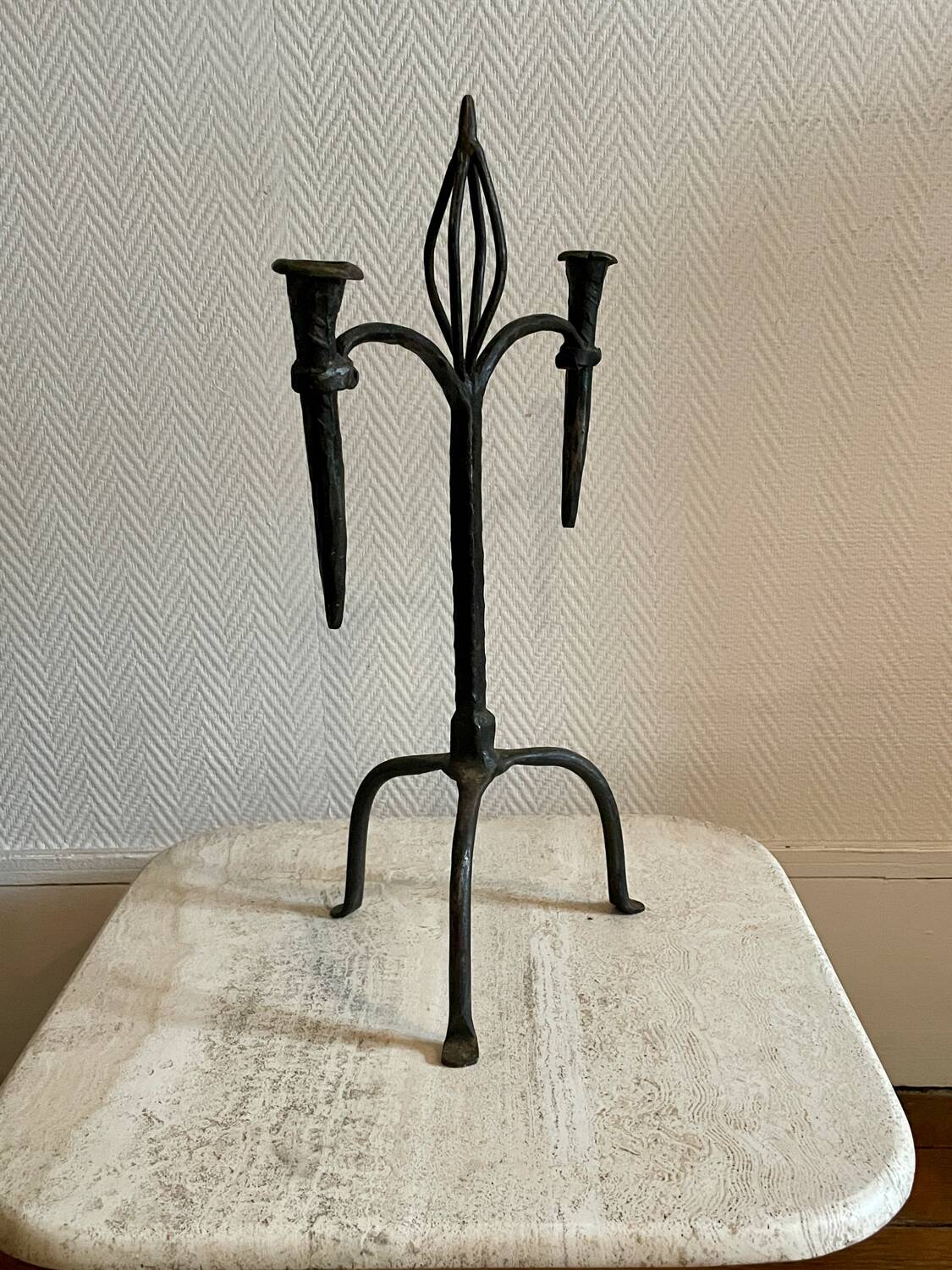 Brutalist candlestick in struck steel 1980