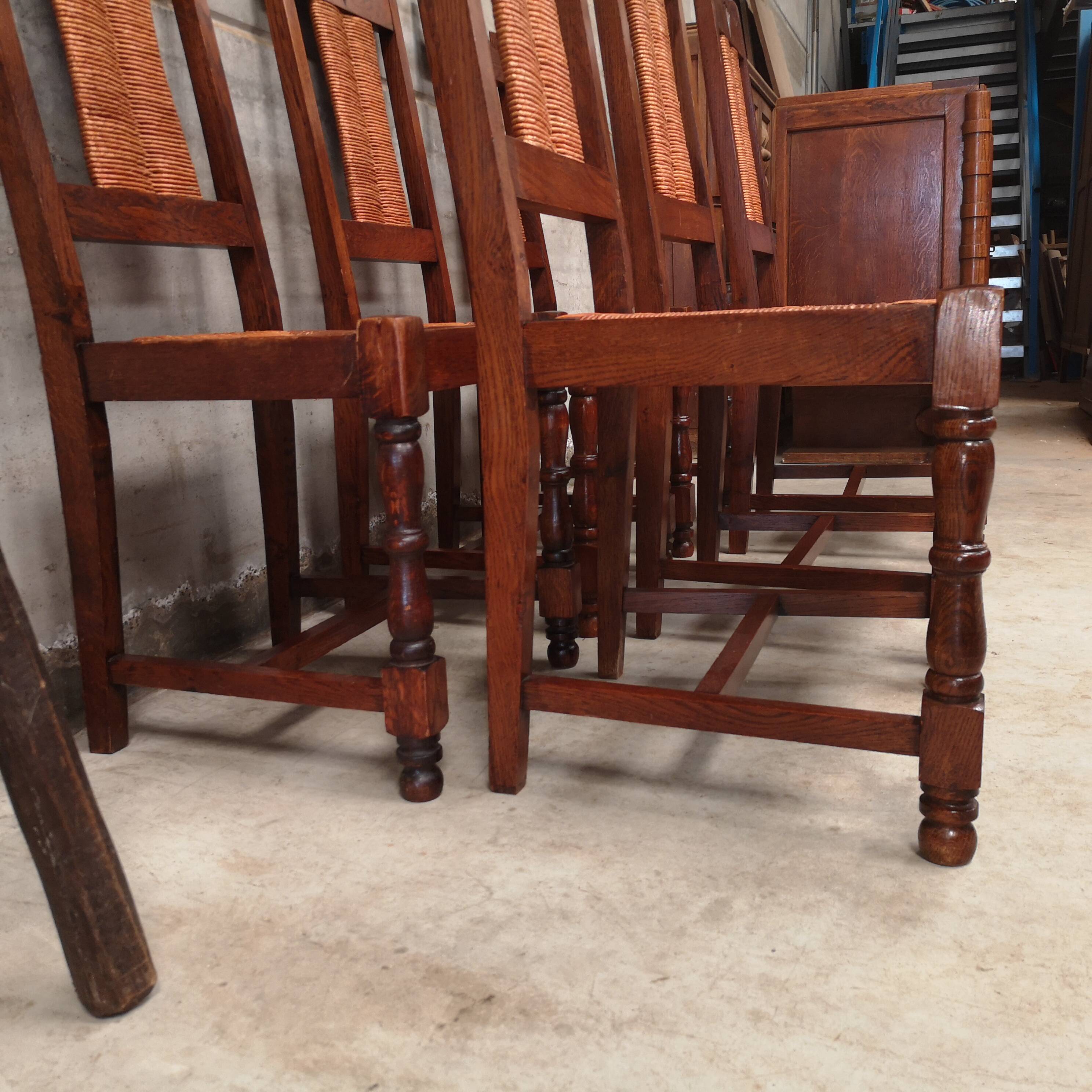 Set of 6 Brutalist Dudouyt / Courtray chairs in oak and straw 1940