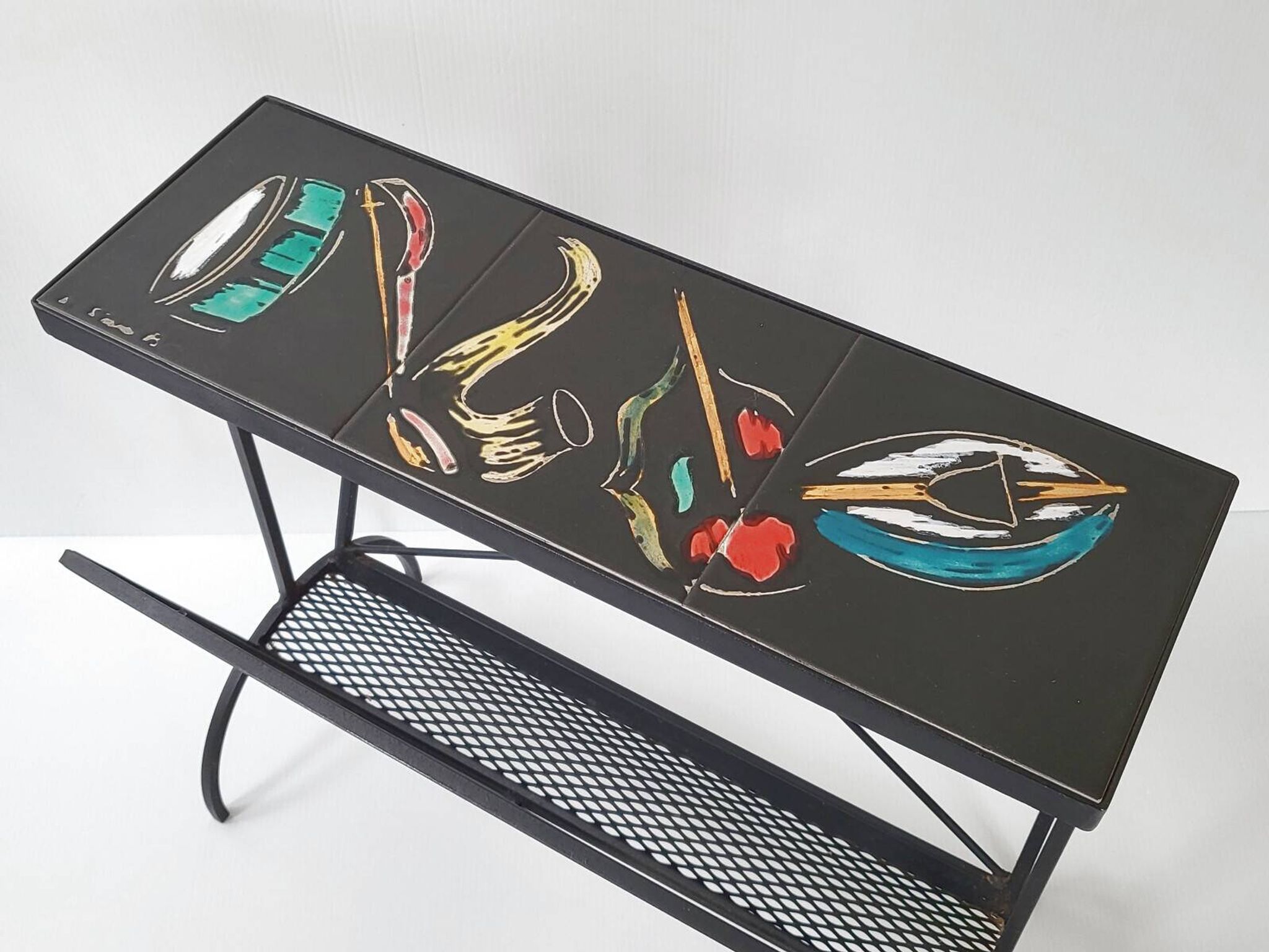 Vintage 1950s side table magazine rack ceramic & steel 50s 1950s music