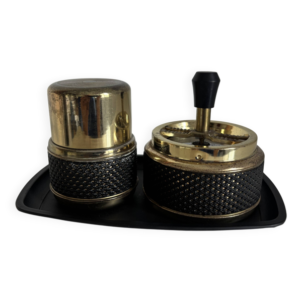 Nécessaire de fumeur 3 pièces, cendrier toupie, boîte et plateau, années 70 — Beyit