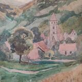 Vintage watercolour of a village in the mountains, signed Barclay