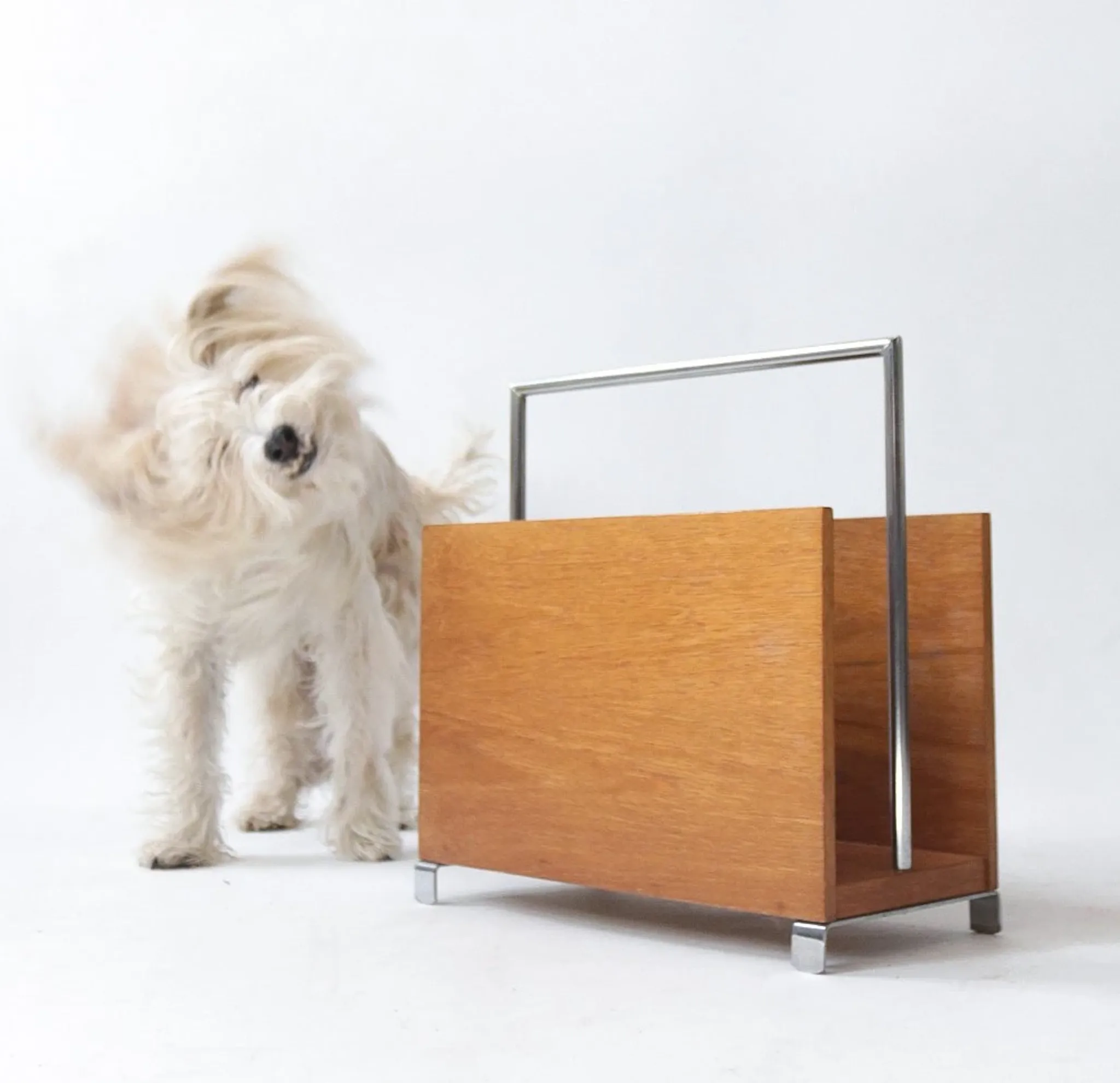 Mid-century modern magazine rack, teak and chrome, 1960s