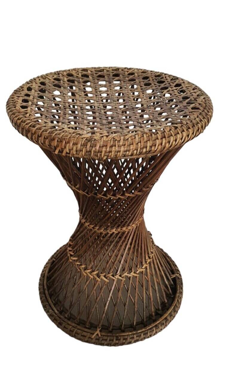 Old Diabolo Stool In Woven Rattan Year 60-70 Vintage Decoration
