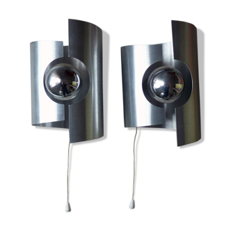 Paire d'appliques "rouleau" ou ufo vintage en métal brossé / 1960