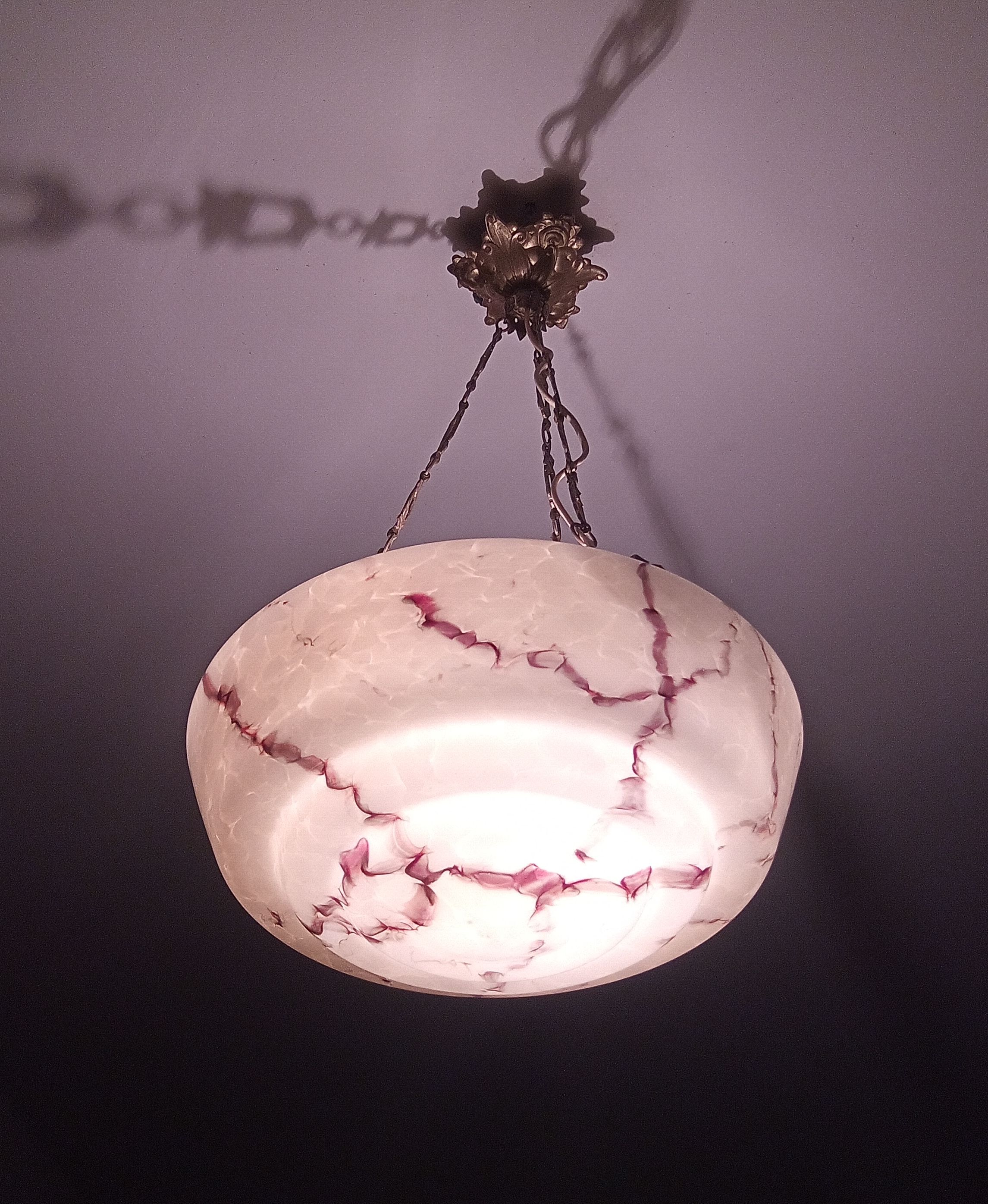 Art Deco brass and marbled glass chandelier, 1950s - 1960s