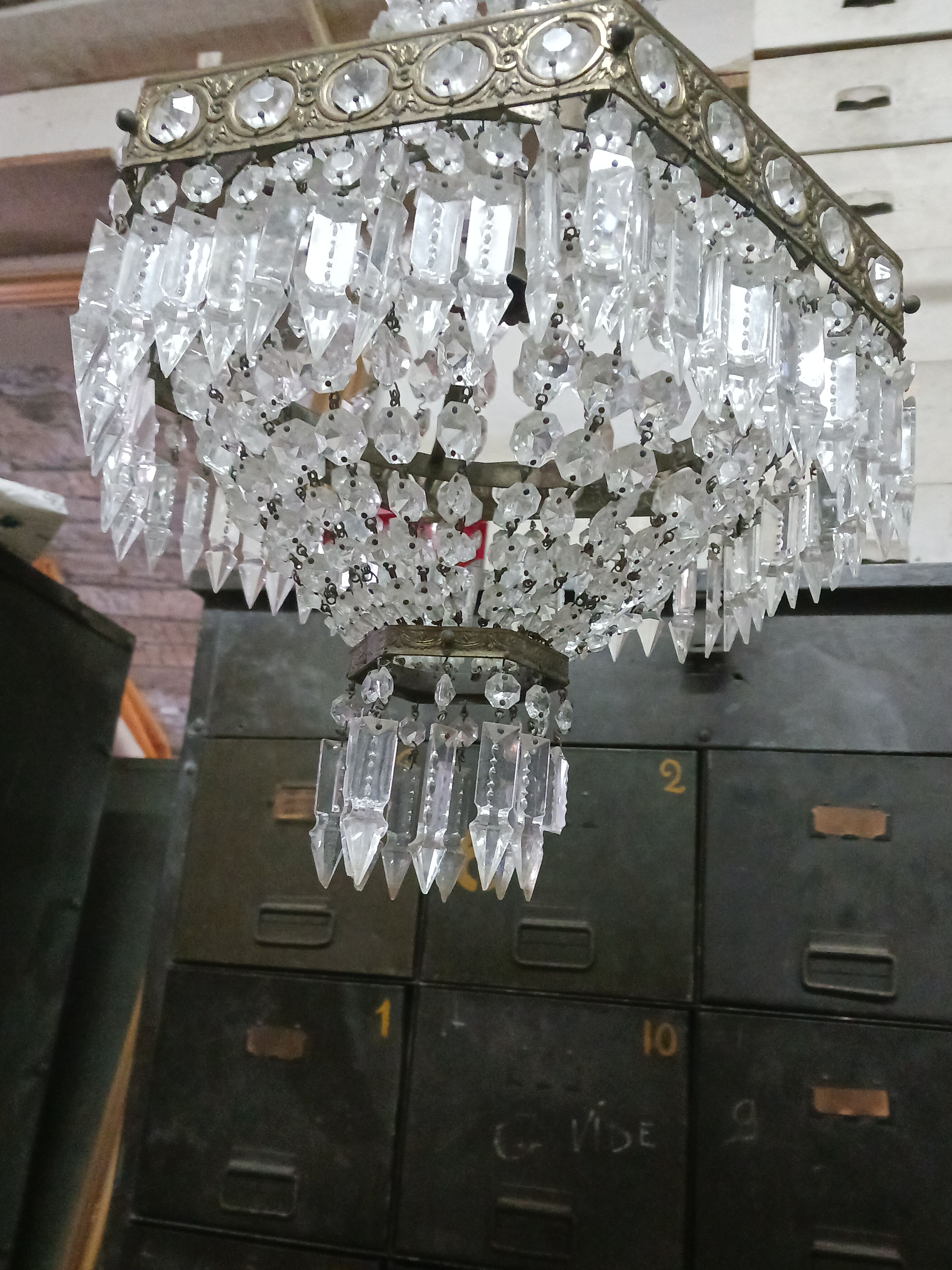Hexagonal hot air balloon chandelier, glass pendilles, first half of the XX th