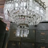 Lustre montgolfière hexagonal,  pendilles de verre, première moitié du XX eme