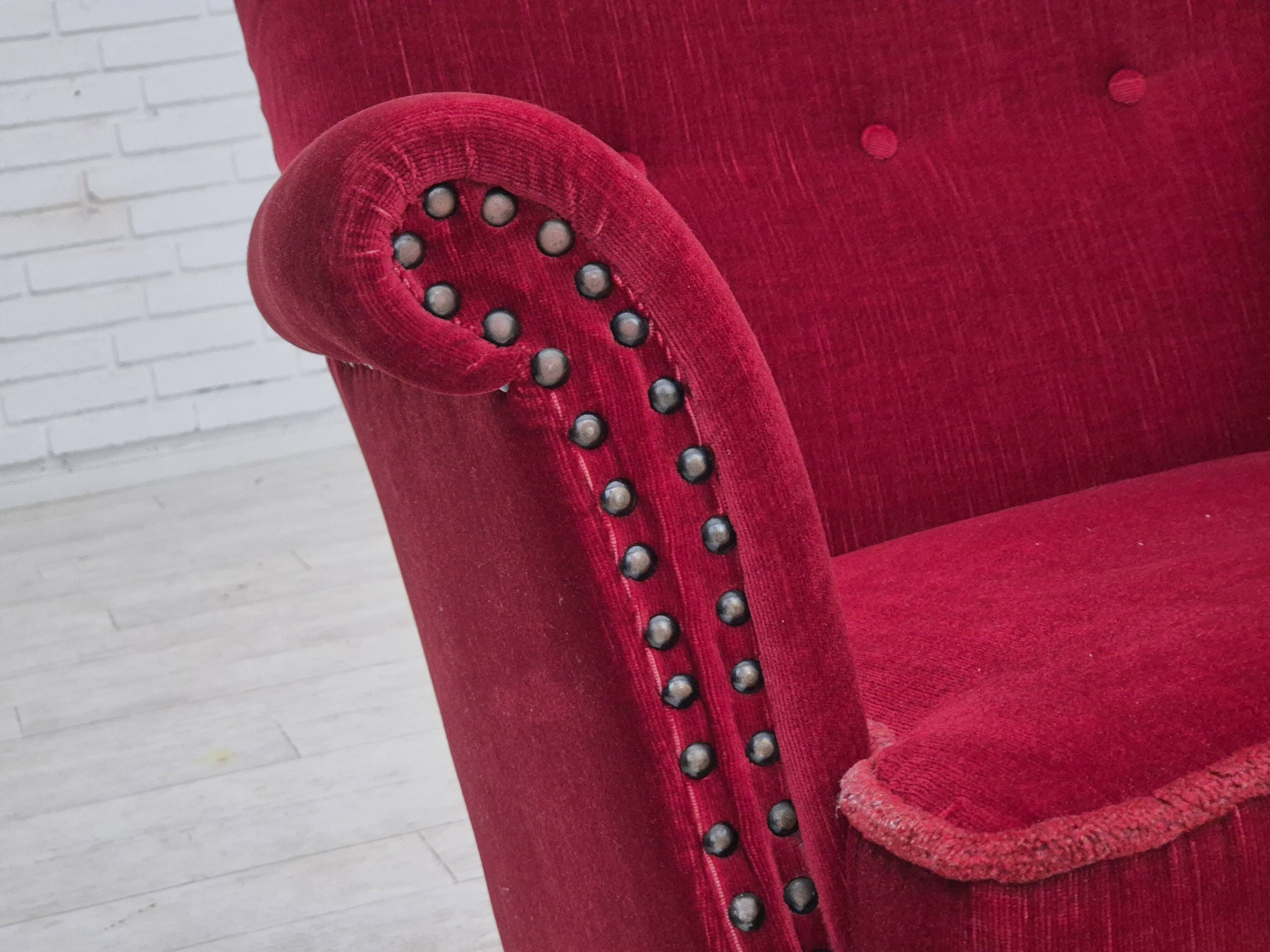 1970s, Danish lounge chair, original condition, cherry-red velour fabric.