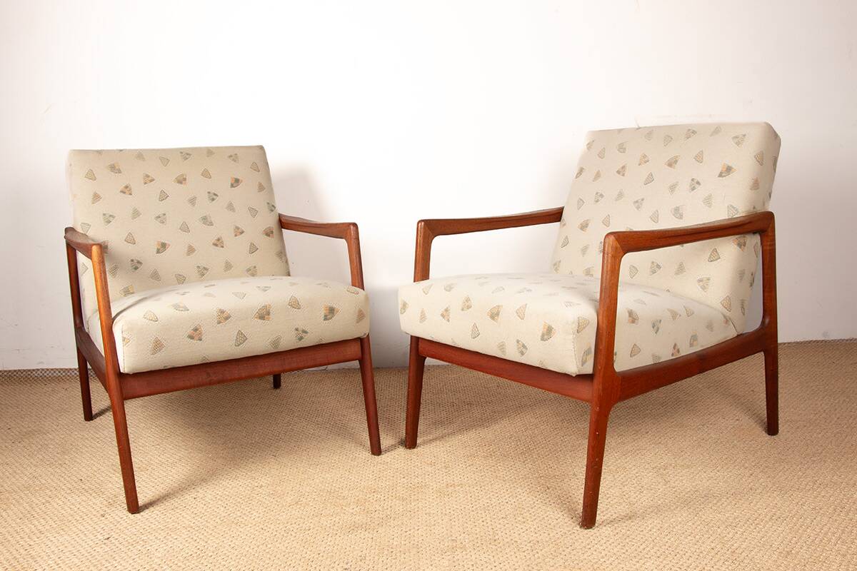 Pair of Scandinavian armchairs in teak and new fabric, 1960.
