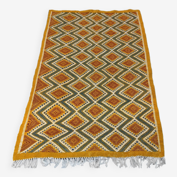 Tapis jaune à motifs losanges fait main en pure laine