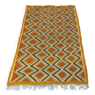 Yellow diamond patterned rug handmade in pure wool