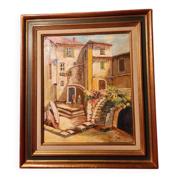 Oil painting on canvas Provençal landscape santons framed signed