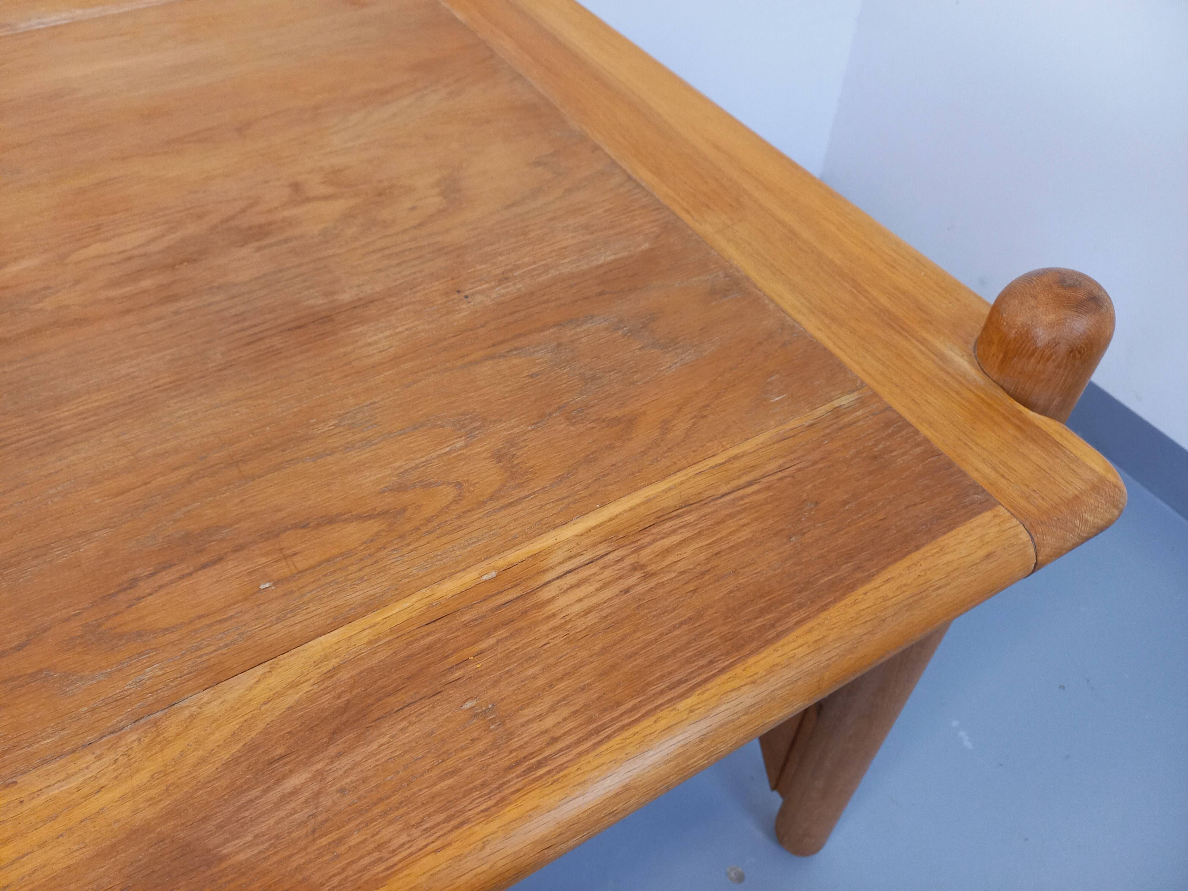 Large vintage brutalist rectangular table made of solid oak wood.