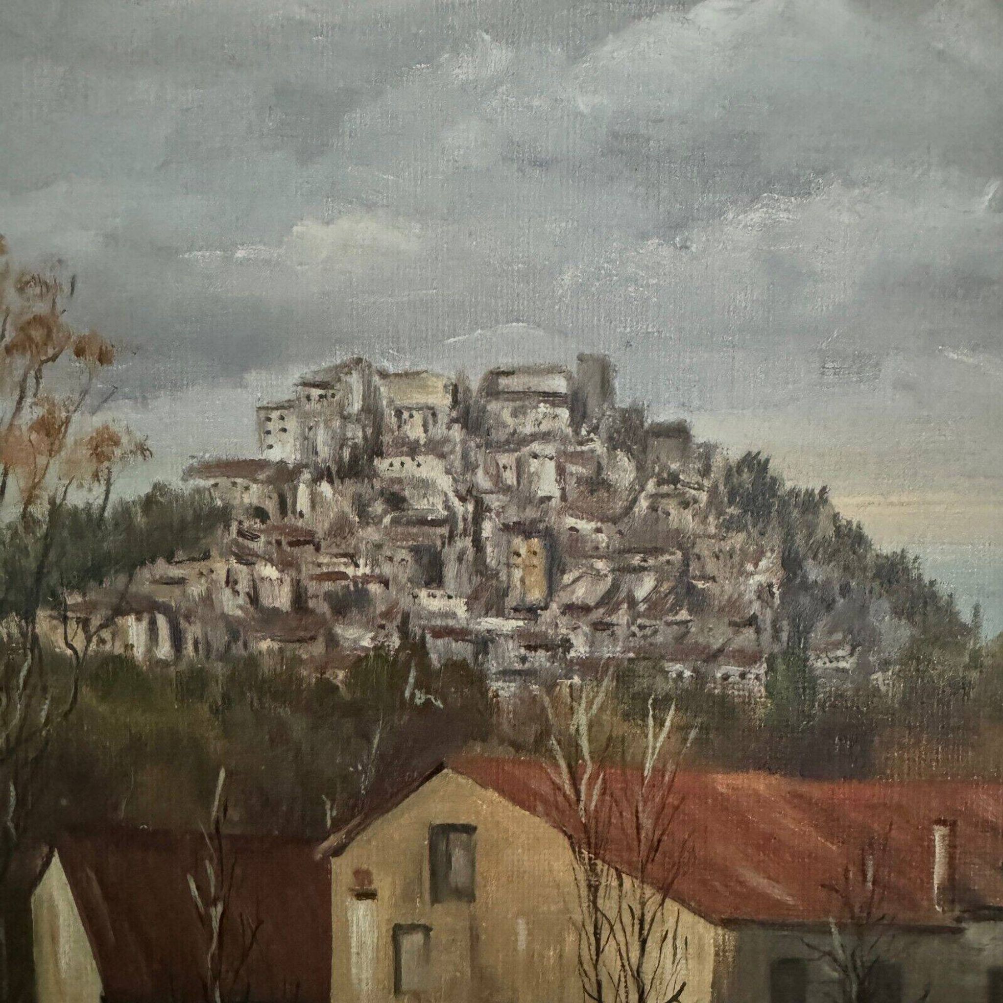 Huile sur toile par C. Theron Cordes-sur-Ciel Tarn 1991