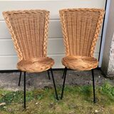 Pair of rattan foot black metal chairs