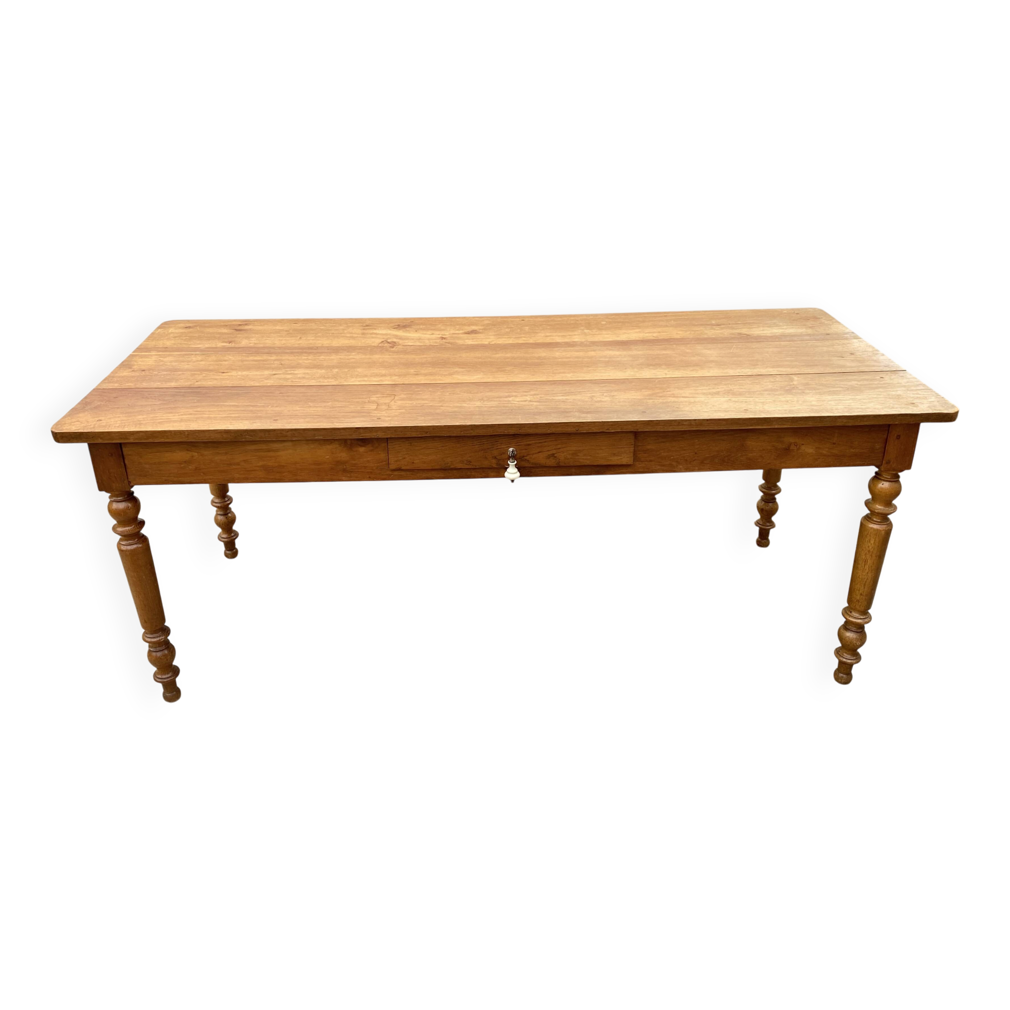 Farmhouse dining table for meals, made of solid oak, 1 drawer, 1950, 180x74cm.