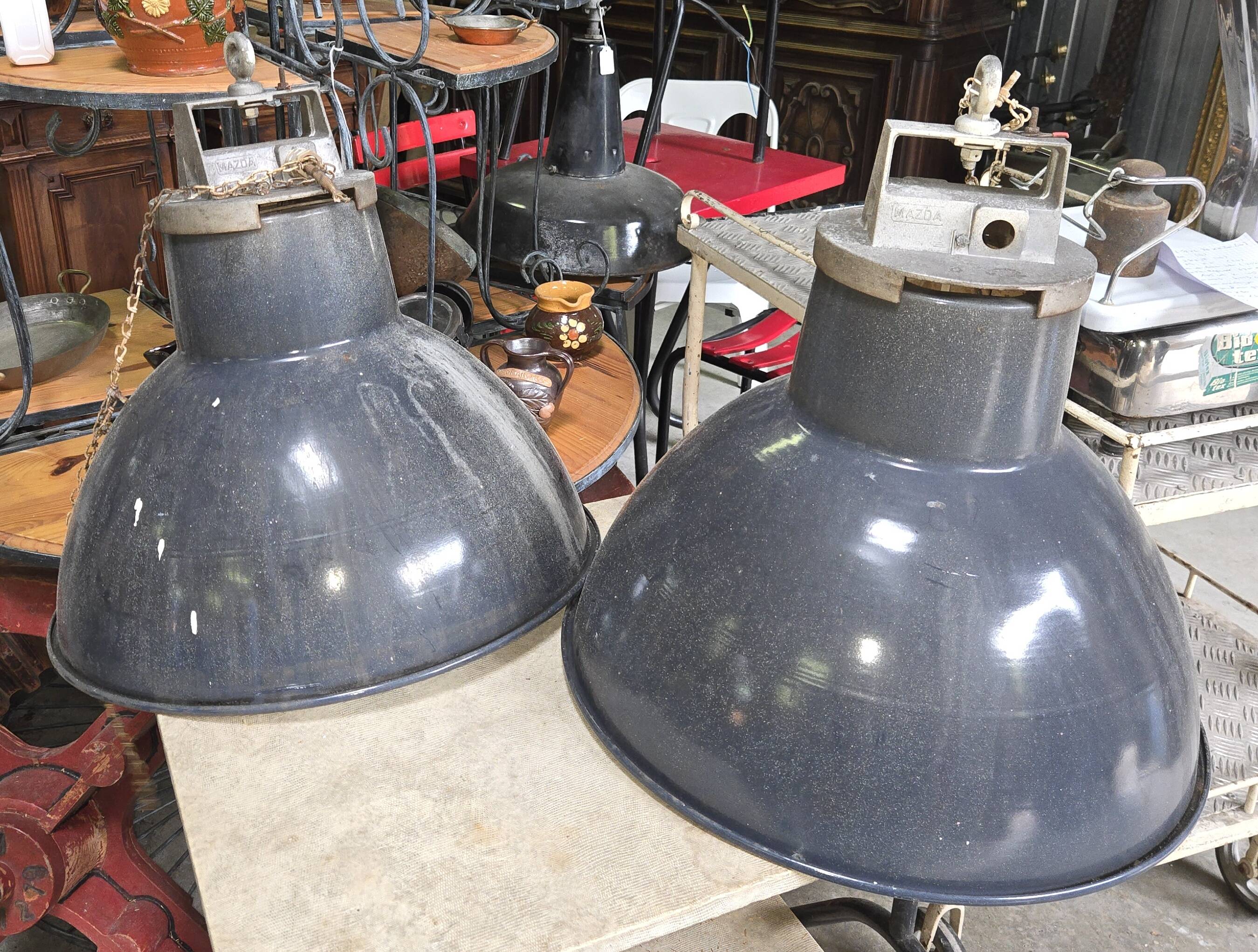 Pair of industrial Mazda pendant lights in enamelled sheet metal – Ø 52 cm