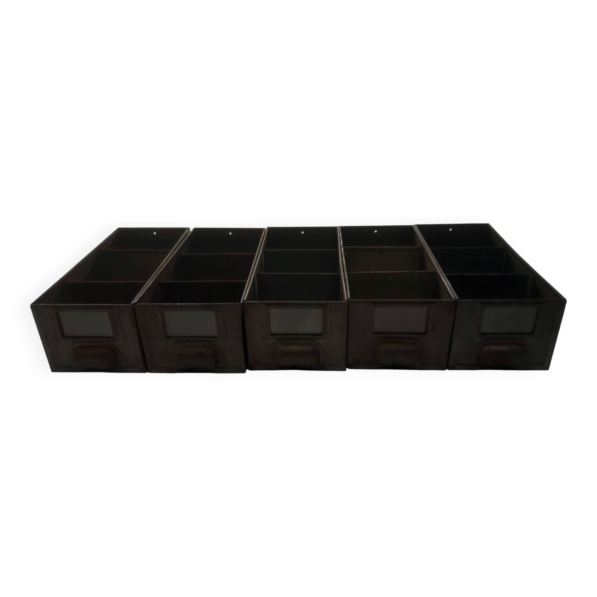 Set of 5 metallic gray industrial drawer lockers from the 60s