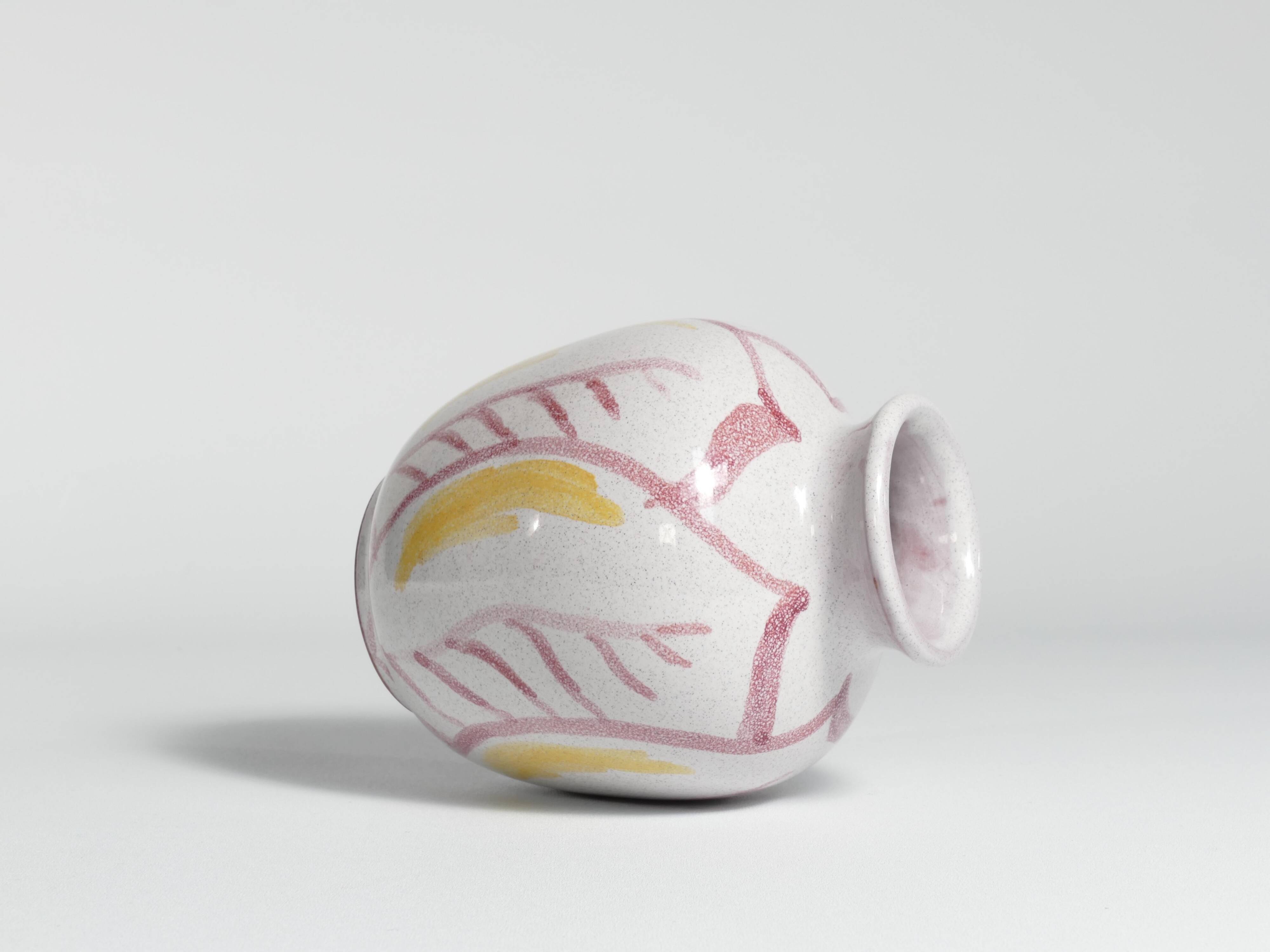 Scandinavian Modern Ceramic Vase with Red & Yellow Leaves, Alingsås Keramik 1947