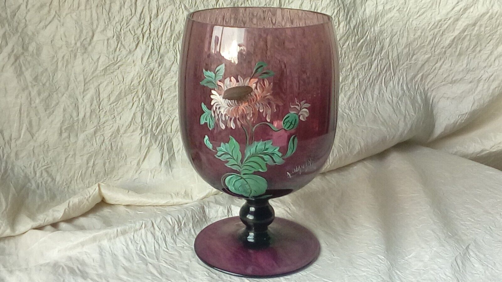Enamelle vase large glass enamel on foot sign