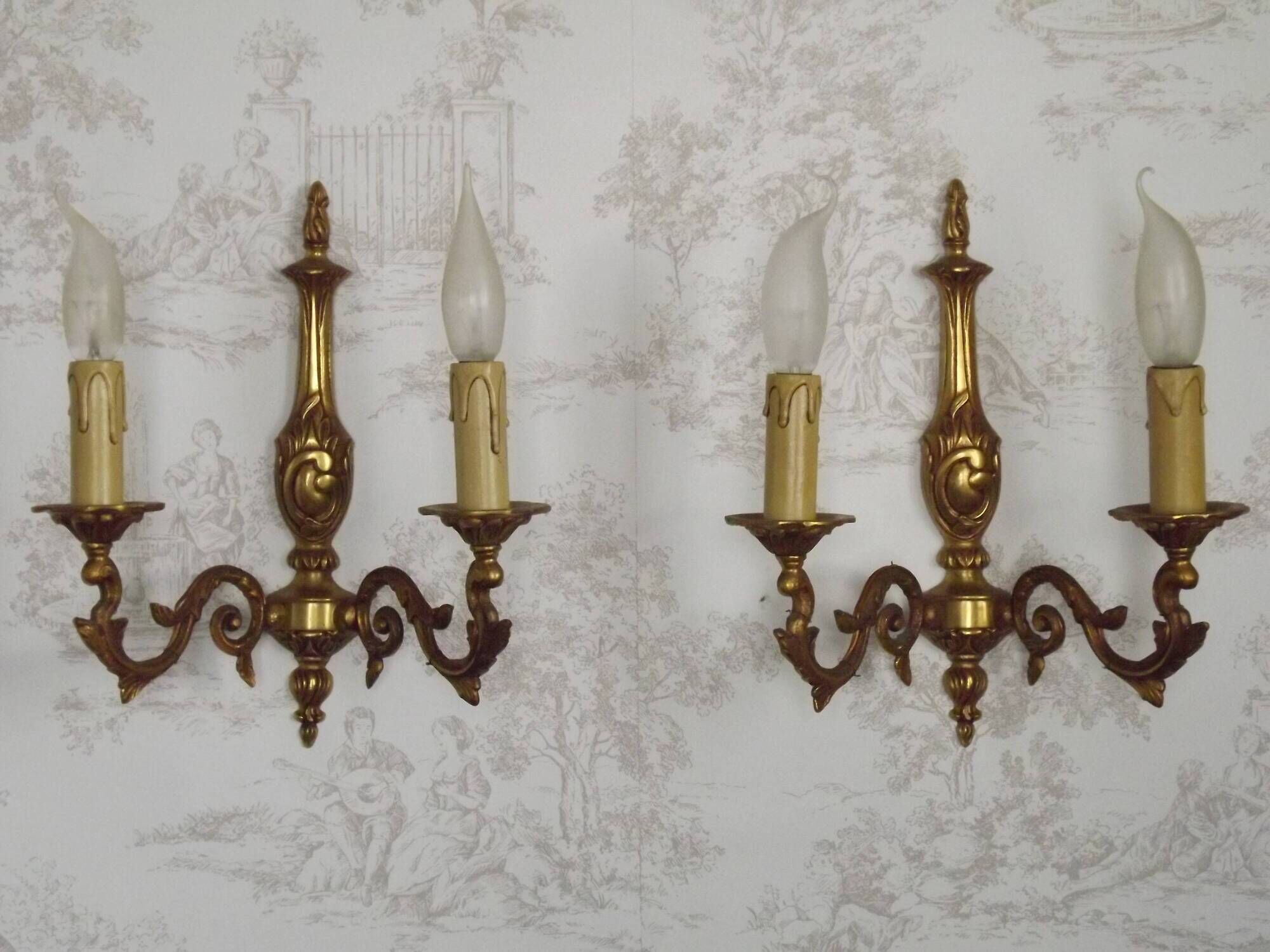 Pair Vintage French Traditional Style Bronze Mid Century Wall Lights 5345