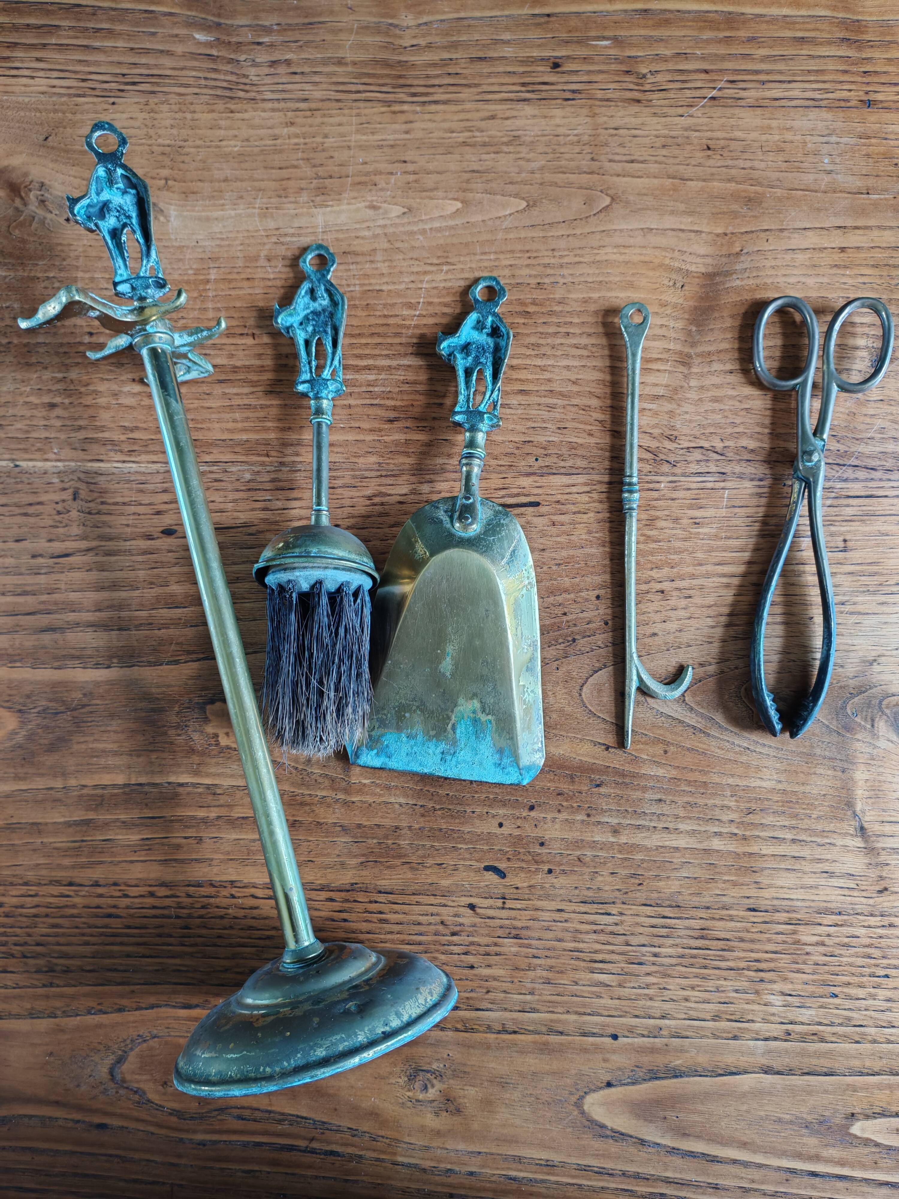 Vintage Brass Fireplace Tools Cat Decor