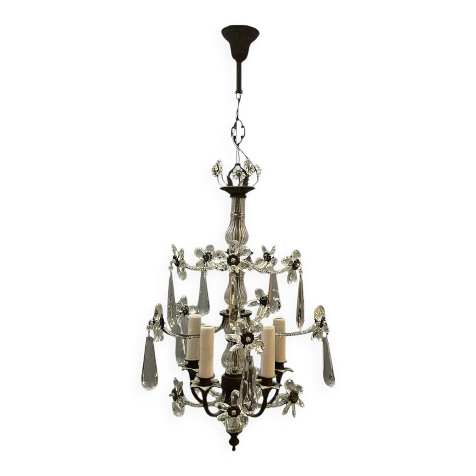 Crystal Beaded Bronze Flower Chandelier 1950s