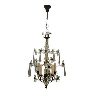 Crystal Beaded Bronze Flower Chandelier 1950s