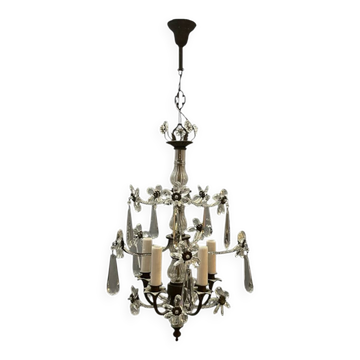 Chandelier en bronze avec fleurs en perles de cristal des années 1950