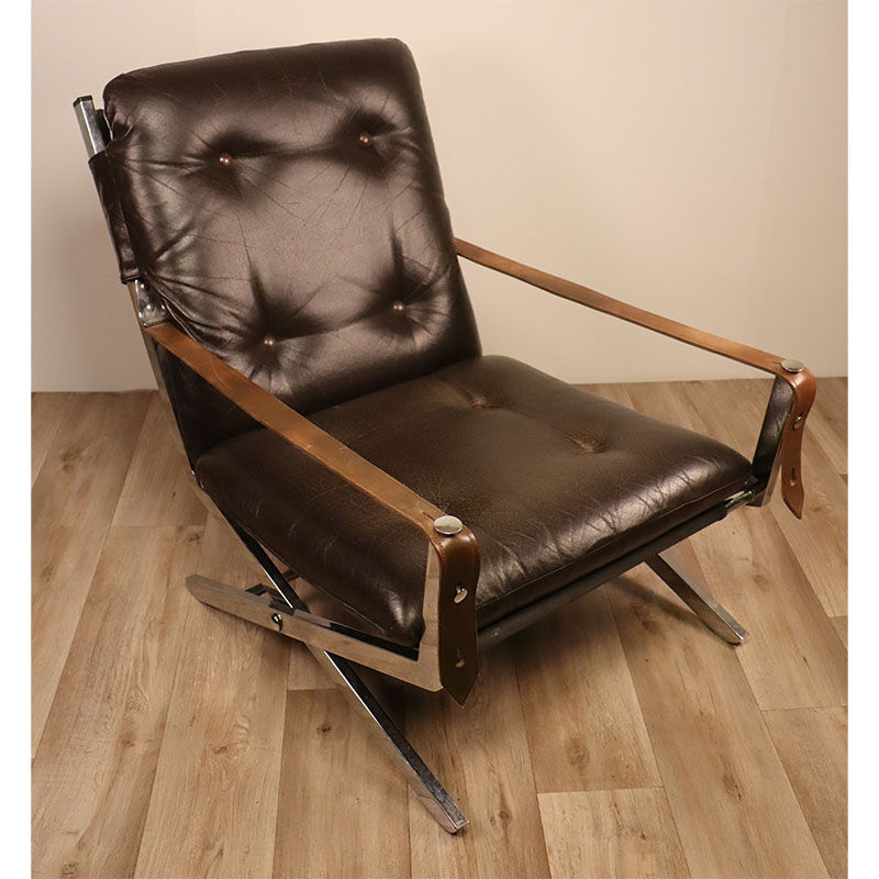 Pair of leather and chrome metal armchairs 1970