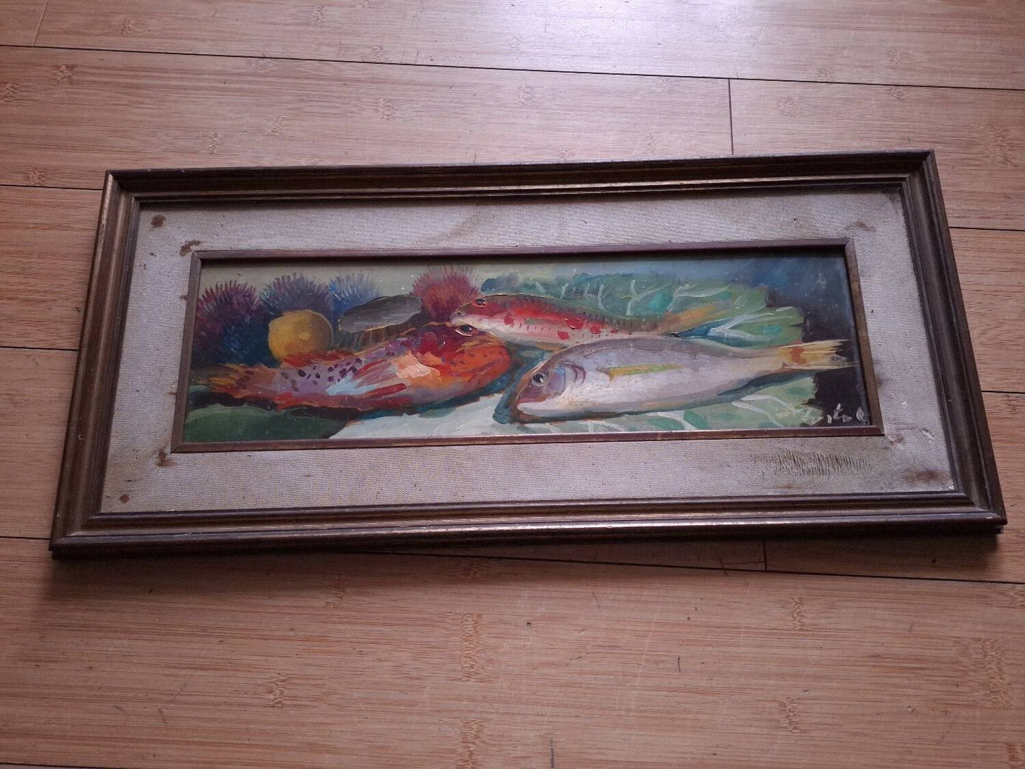 Oil on panel, still life with fish