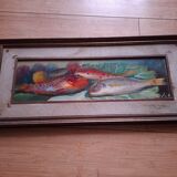 Oil on panel, still life with fish