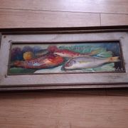 Oil on panel, still life with fish