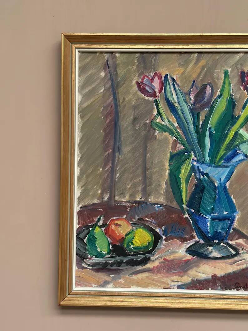 Original Swedish Oil on Canvas - 'Tulips' by Knut Lindström - Signed - Dated 1966 - Framed