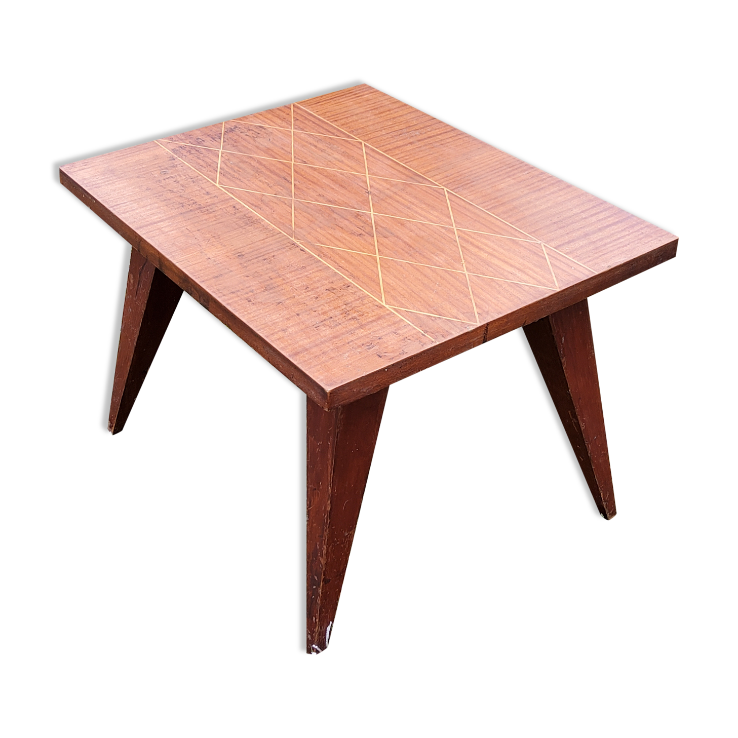 Coffee table of the 50s in blond mahogany inlaid compass feet